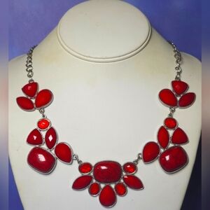 Bold Red & Silver Tone Statement Necklace